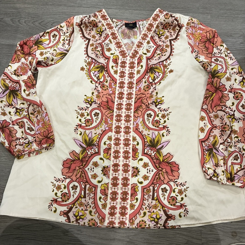 JM Collection V Neck Cream & Pink Floral Bishop Sleeve Blouse | Size XL